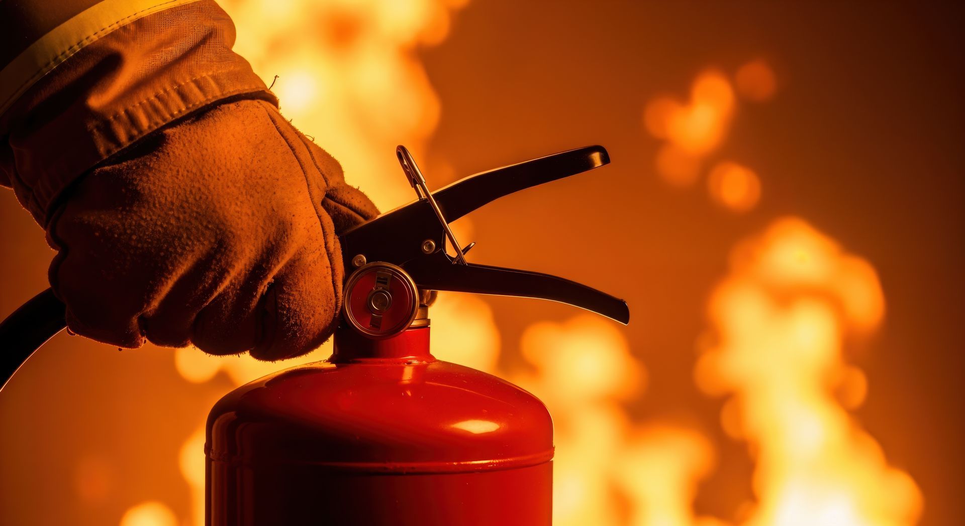 Main gantée pointant un extincteur vers des flammes en arrière-plan.