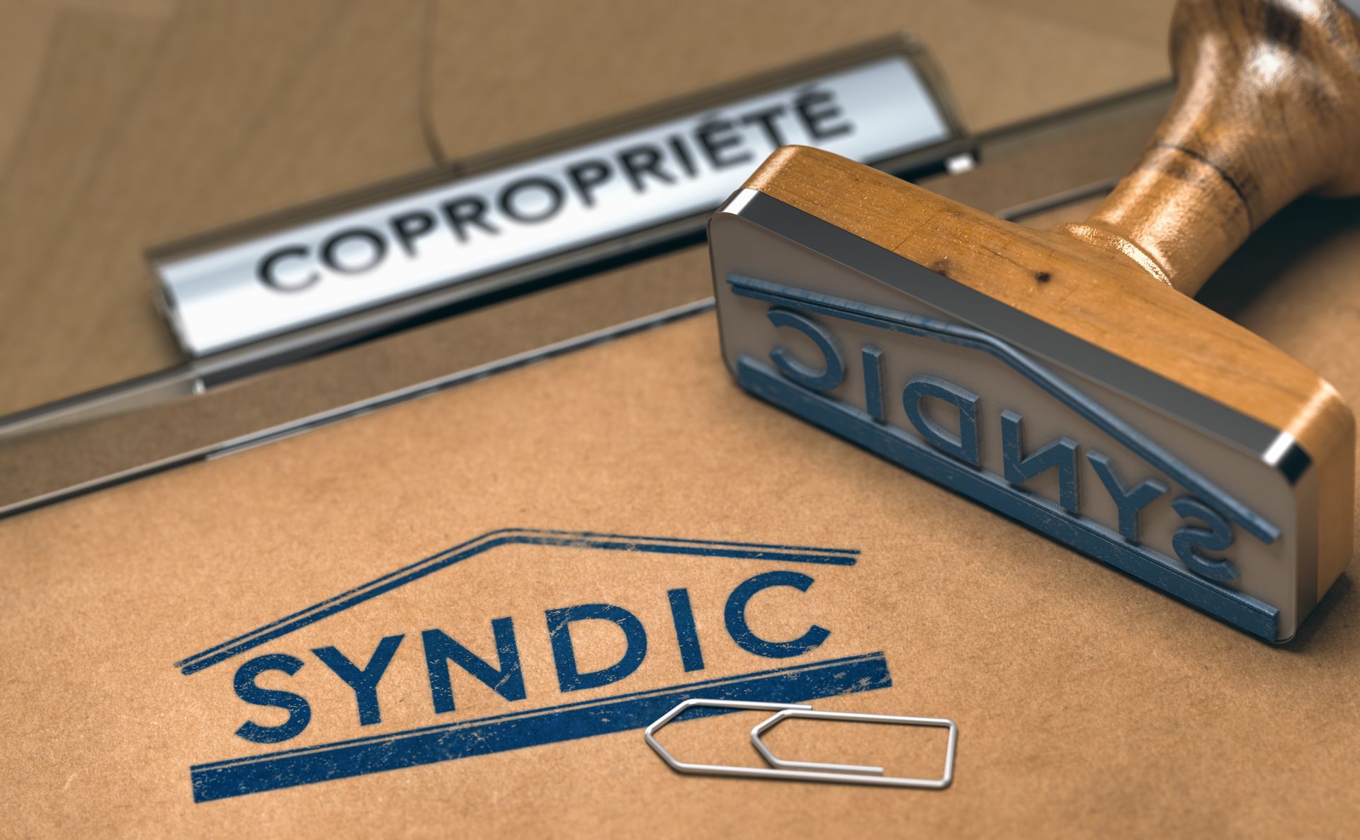 Tampon en bois portant la mention SYNDIC sur un carton à côté d'un panneau indiquant COPROPRIETE