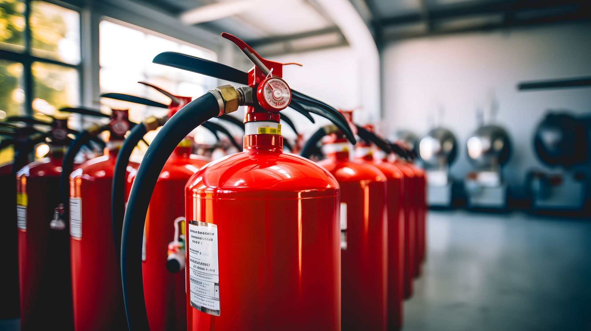 Rangée d'extincteurs rouges dans un garage ou un espace de stockage.