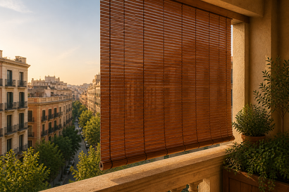 Una contraventana de madera está entreabierta en una ventana, dejando ver macetas con plantas en el alféizar y una vista borrosa de los edificios de la ciudad.