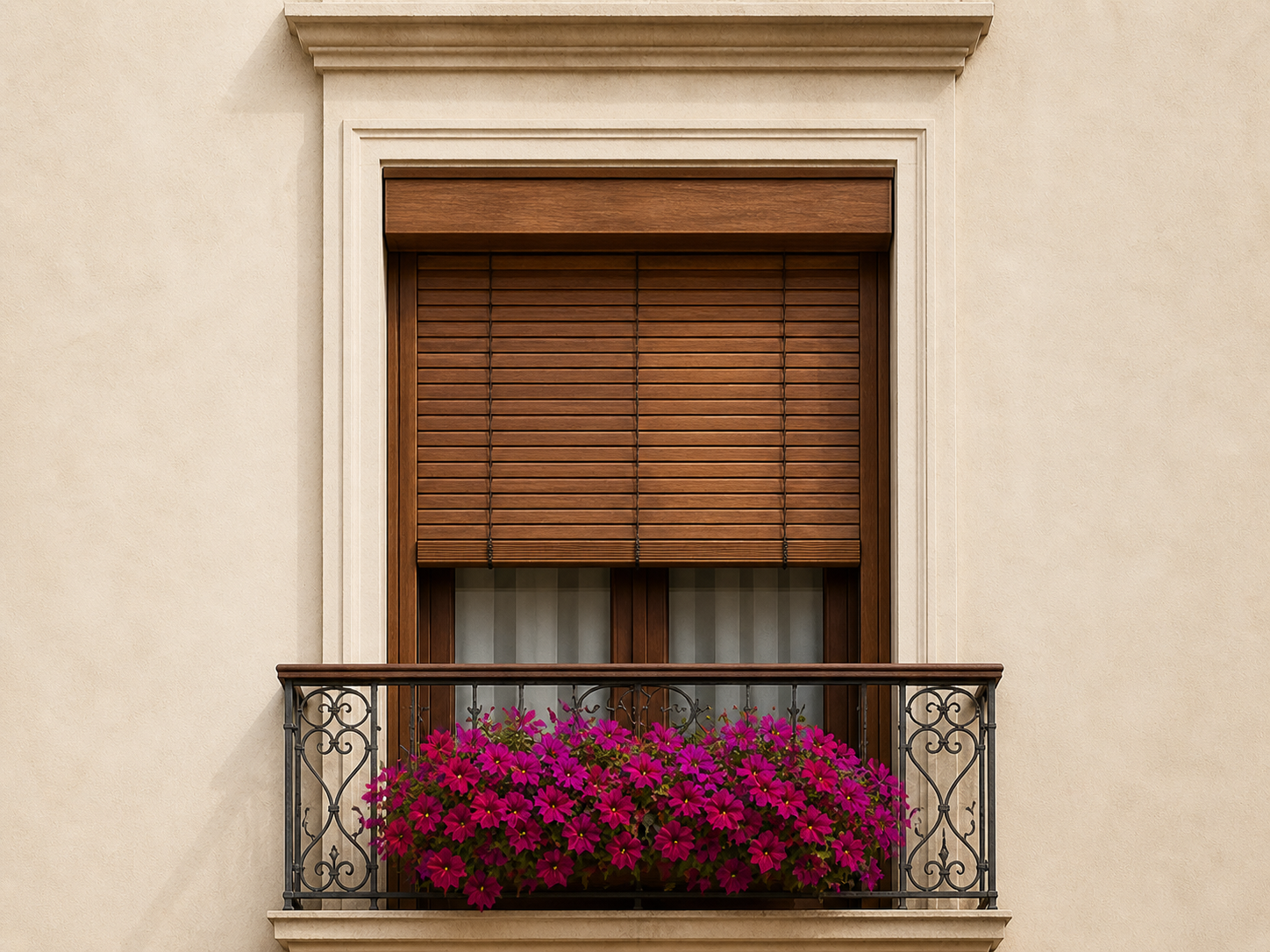 Una pared de color crema con tres ventanas con contraventanas de lamas de color verde oscuro y jardineras de color rosa brillante en los balcones.