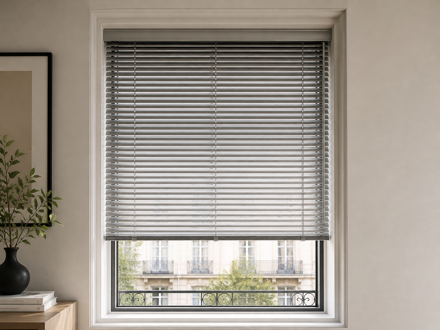 Una ventana enmarcada por persianas de madera marrón, con lamas horizontales metálicas bicolor en beige y plata.