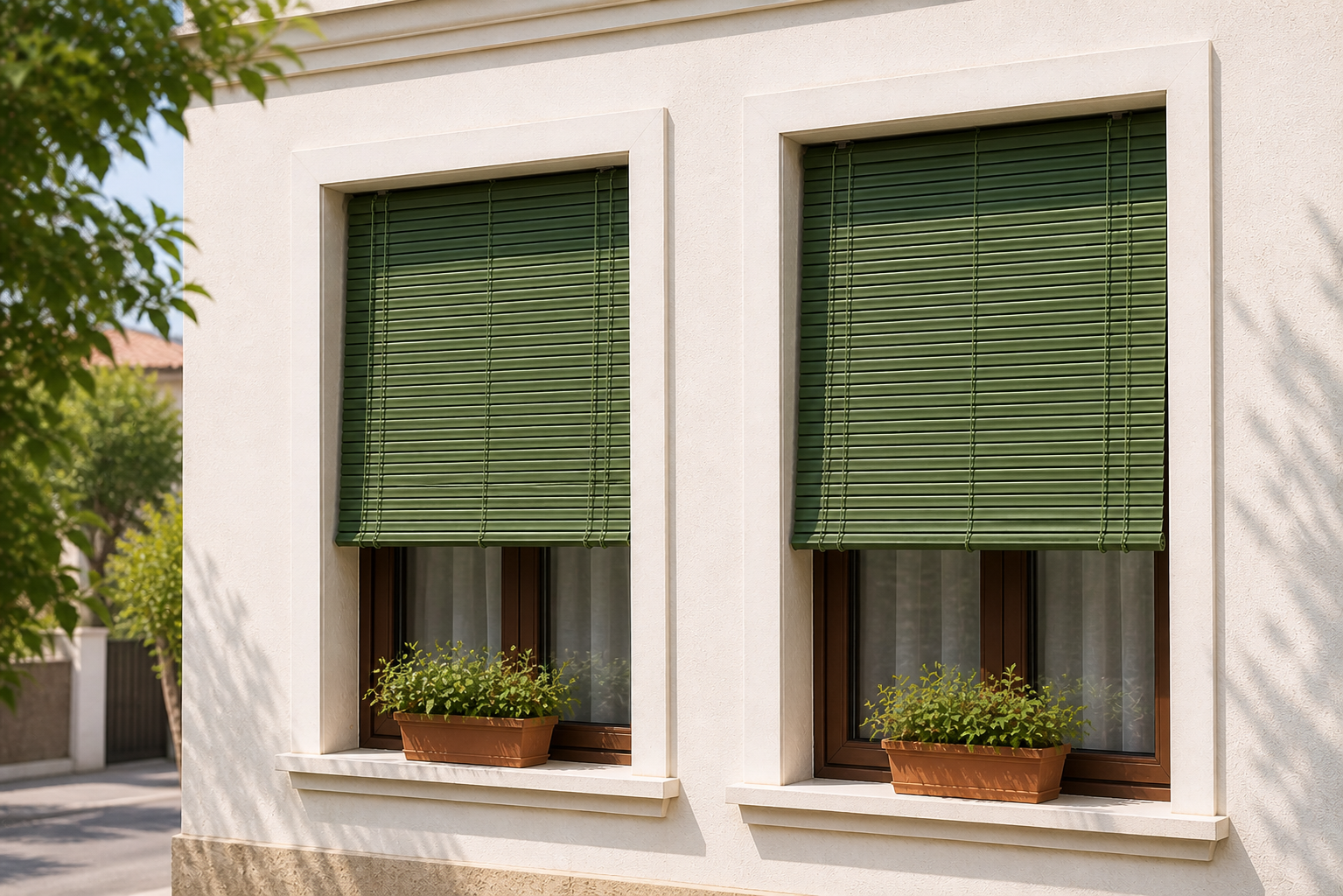 Persianas enrollables de color beige cubren la parte superior de dos ventanas contiguas, y a través de la ventana izquierda se ven árboles verdes.