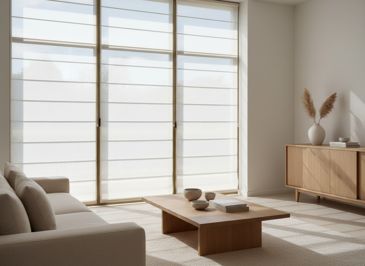 Sala de estar minimalista con un sofá beige, mesa de centro de madera, aparador y persianas que filtran la luz desde el suelo hasta el techo.