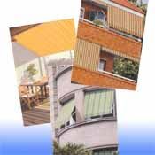 Collage que muestra edificios residenciales y un patio con toldos retráctiles de tela de varios estilos.