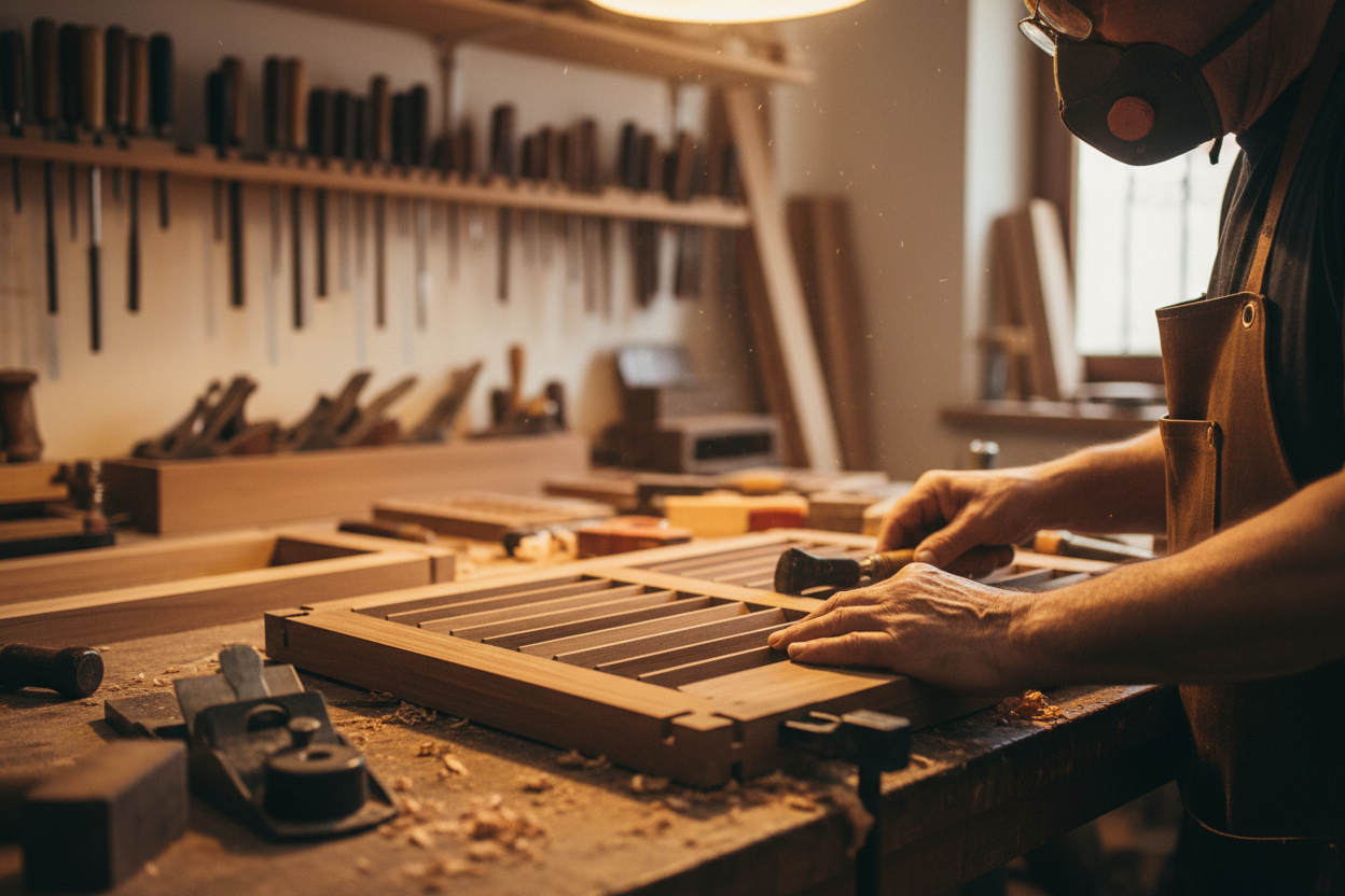 Un carpintero con mascarilla se concentra en ensamblar con precisión una pieza de madera en forma de rejilla sobre un banco de trabajo repleto de herramientas.