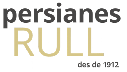 Un logotipo para persianas enrollables con una pila de persianas sobre un fondo blanco.