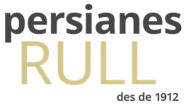 Un logotipo para persianas enrollables con una pila de persianas sobre un fondo blanco.
