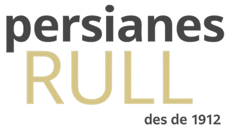 Logotip de Persianes RULL en gris i daurat amb el text 