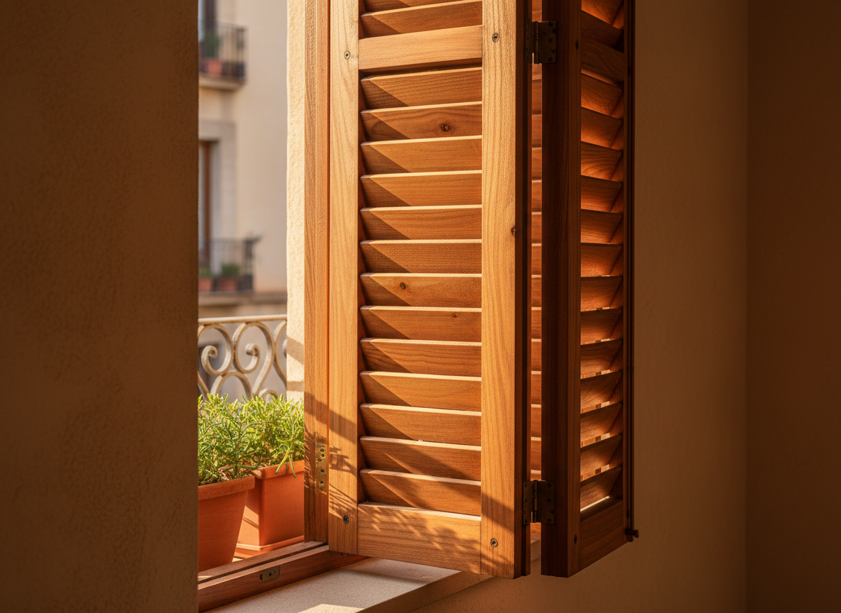 Una contraventana de madera está entreabierta en una ventana, dejando ver macetas con plantas en el alféizar y una vista borrosa de los edificios de la ciudad.
