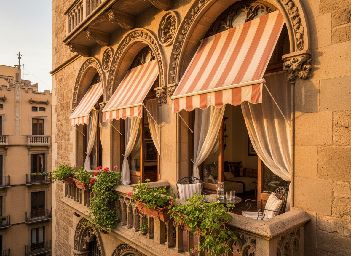 Un balcón de piedra con toldos a rayas y plantas en macetas, con vistas a la fachada de un edificio histórico bañado por la luz dorada de la tarde.