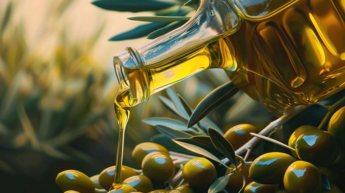 Aceite de oliva vertiéndose de una botella sobre aceitunas verdes en una rama.
