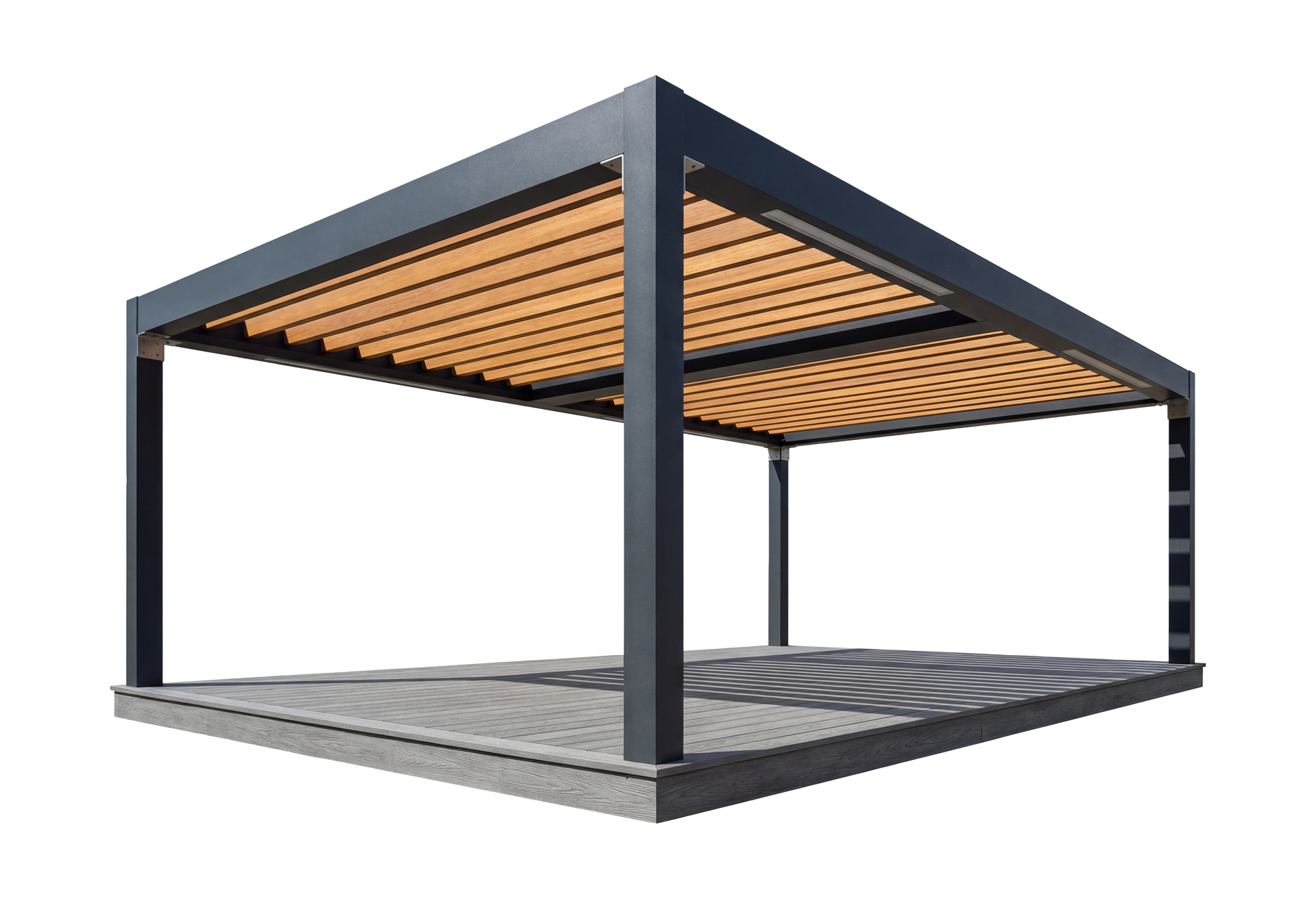 Pergola moderne grise à lattes brunes au-dessus d'une terrasse en pierre à motifs.