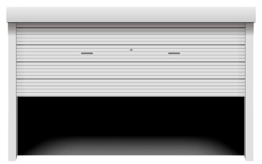 Porte de garage sectionnelle de couleur claire, partiellement ouverte, laissant apparaître un intérieur sombre.