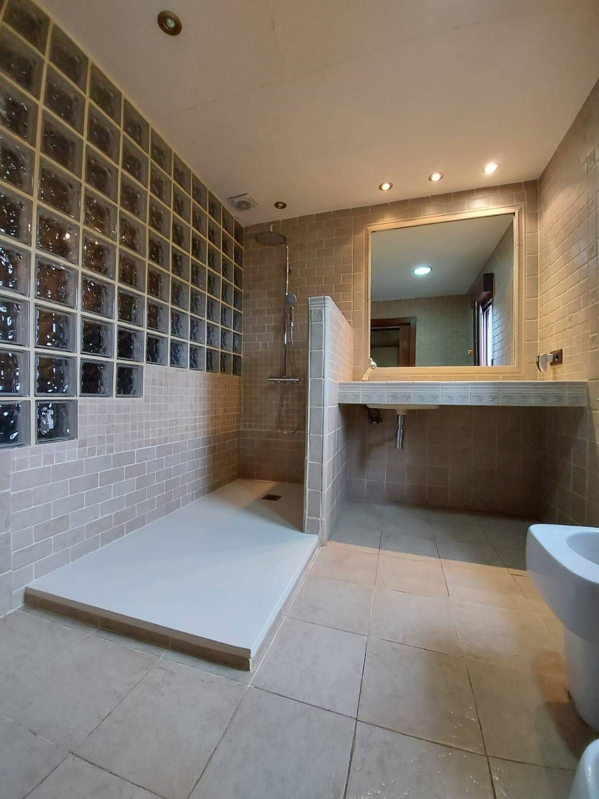 Baño moderno con pared de bloques de vidrio, ducha a ras de suelo y espejo de tocador.