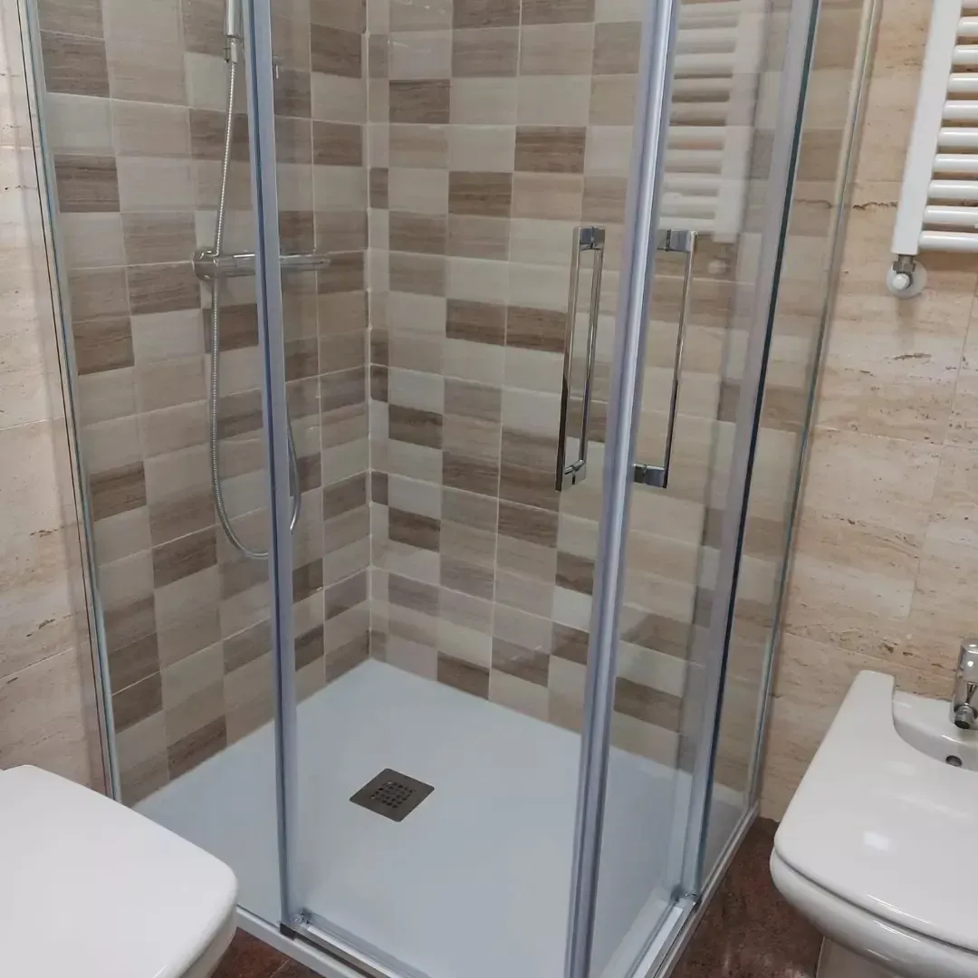 Baño con cabina de ducha de cristal, paredes alicatadas en color beige y lavabo e inodoro blancos.