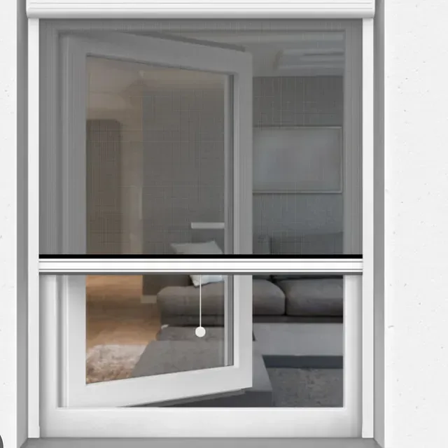 Una ventana blanca con una mosquitera da a una sala de estar.