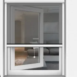 Una ventana blanca con una mosquitera da a una sala de estar.