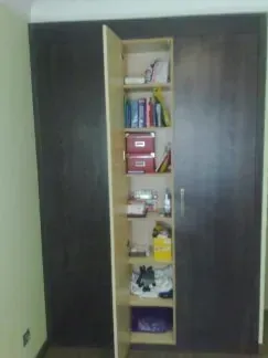 Un armario lleno de libros y cajas en una habitación.