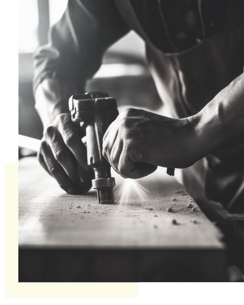 Un hombre está trabajando en un trozo de madera con un martillo.