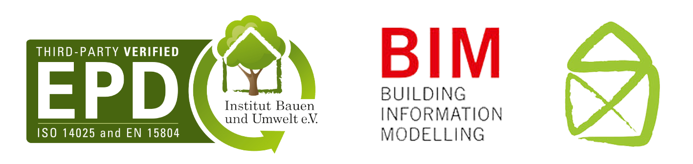 Logos für Umweltzertifizierungen: EPD, Building Information Modeling (BIM) und ein Haus-Symbol.