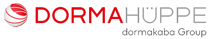 Logo für DORMA+HÜPPE, ein Unternehmen der dormakaba Gruppe. Design in Rot und Grau.