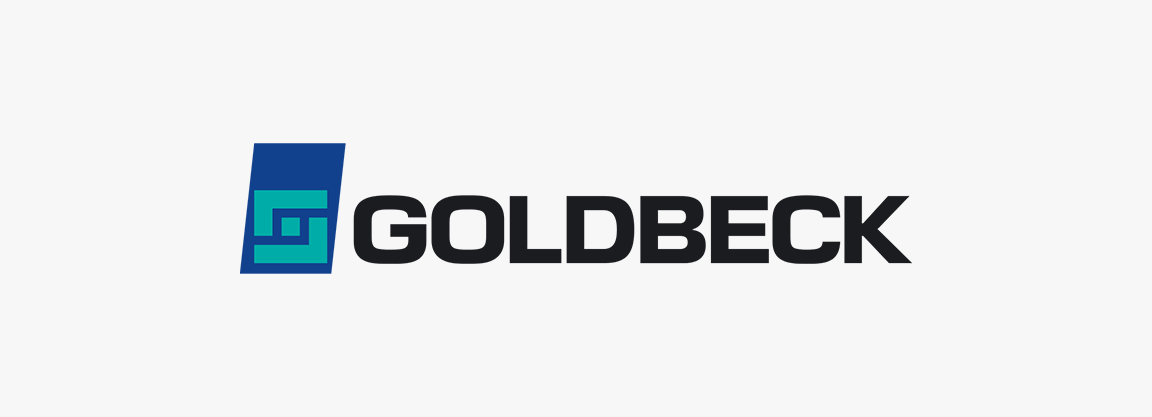 Logo für Goldbeck: eine blaue und türkisfarbene geometrische Form neben dem Wort „GOLDBECK“ in schwarzer serifenloser Schriftart.