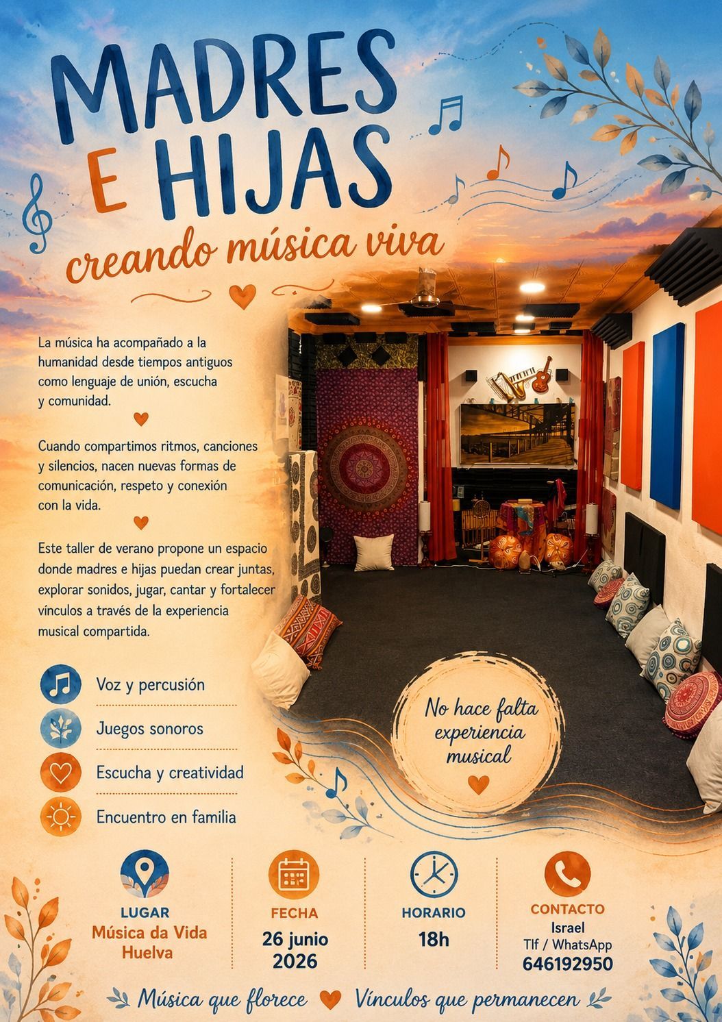 Folleto en español de “Madres e Hijas: creando música viva”, con una cálida escena hogareña y detalles del evento.
