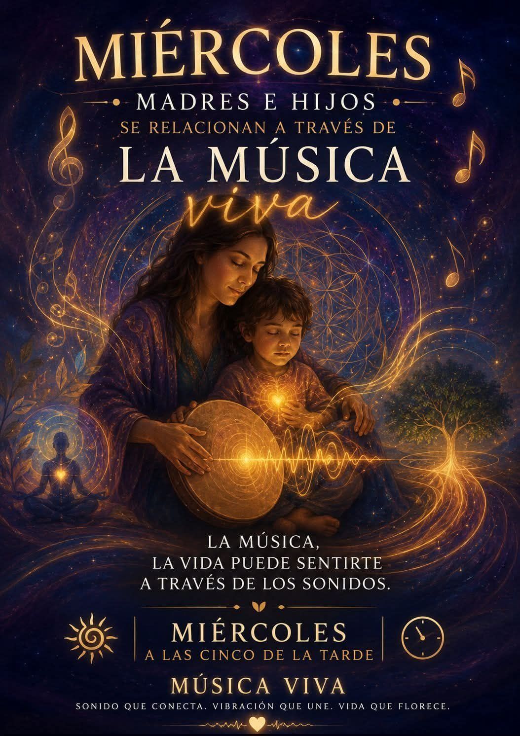 Cartel de “Miércoles, madres e hijos: la música viva”, con madre e hijo iluminados en tonos dorados y violetas.