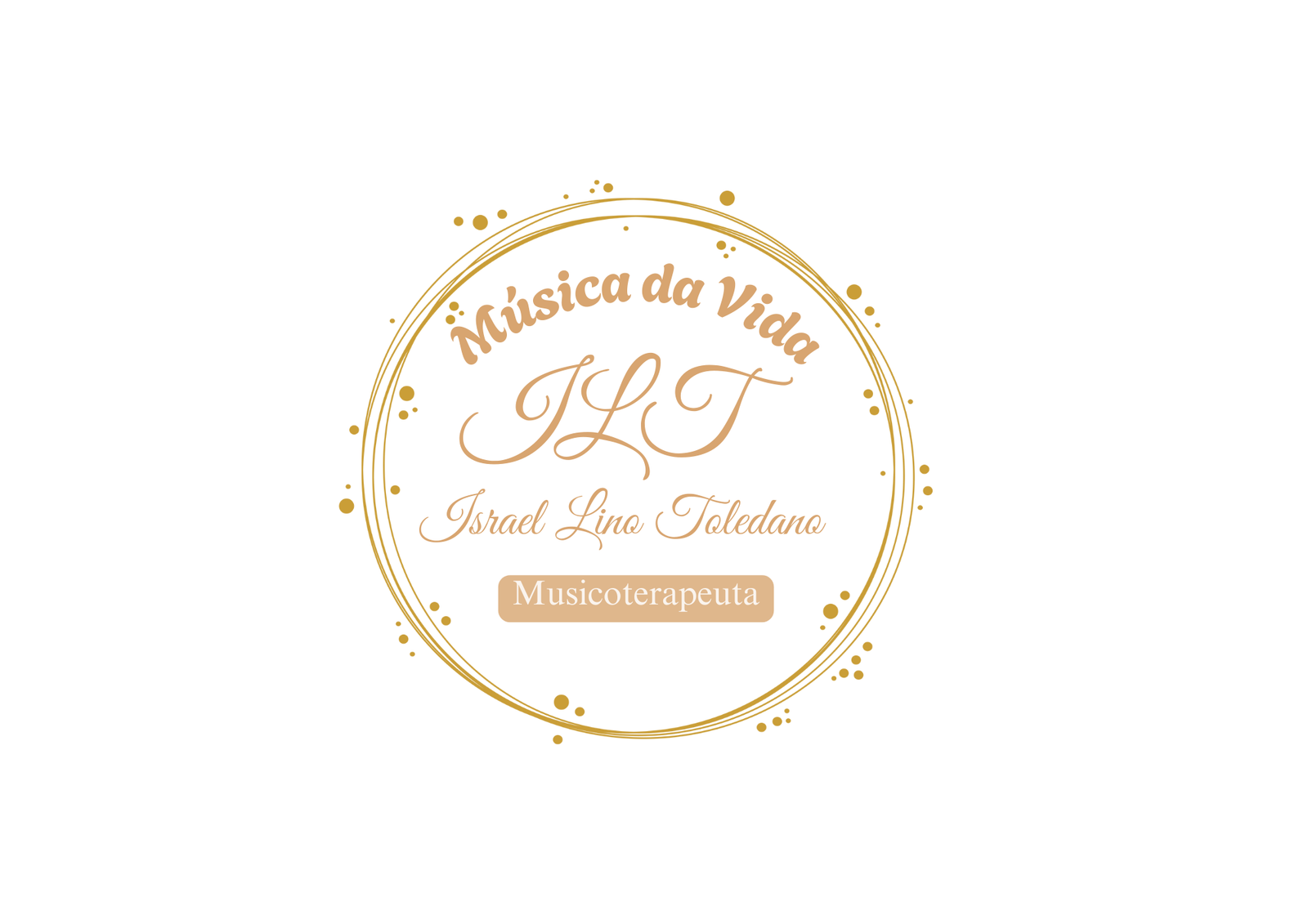 Logotipo de Musicoterapia "Música de Vida" de Israel Lins, con elegante texto dorado dentro de un marco circular punteado.