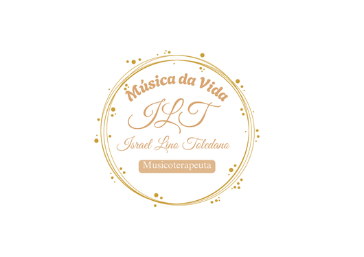 Logotipo de Musicoterapia "Música de Vida" de Israel Lins, con elegante texto dorado dentro de un marco circular punteado.