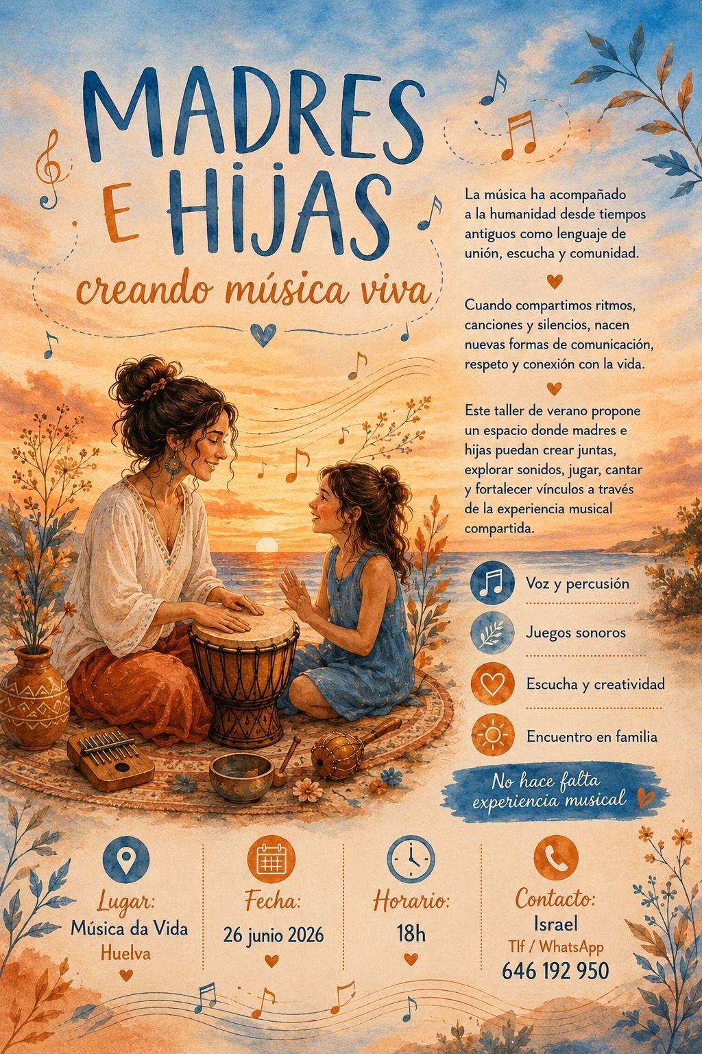 Cartel con dos personas cosiendo en una playa al atardecer, titulado “Madres e Hijas”.
