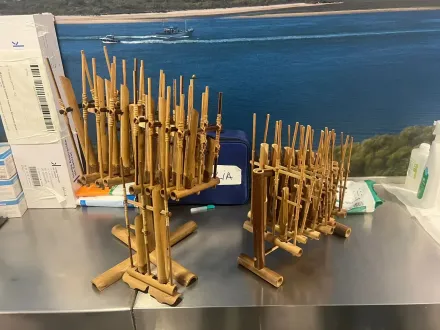 Dos instrumentos angklung indonesios, hechos de bambú, se exhiben sobre un mostrador de metal con un mural de un paisaje marino como fondo.