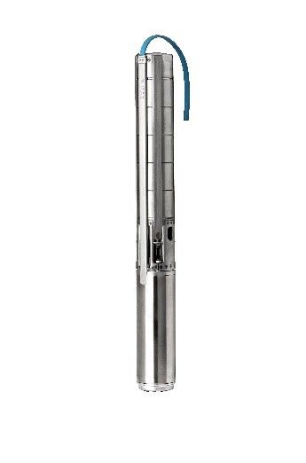Una bomba de agua sumergible de acero inoxidable con una manguera azul conectada a ella.