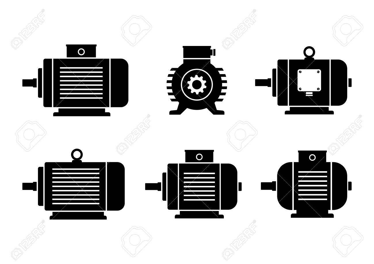 Un conjunto de diferentes tipos de motores eléctricos sobre un fondo blanco.
