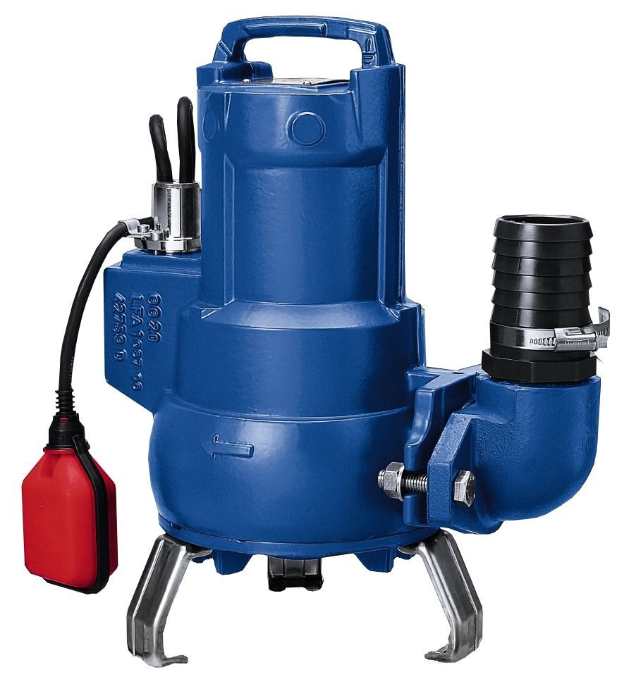 Una bomba sumergible azul con un interruptor rojo conectado a ella.