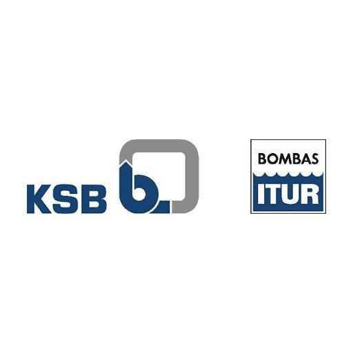 Un logotipo para ksb y bombas itur sobre un fondo blanco.