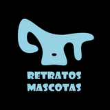 El logotipo de Retratos mascotas artista es azul y blanco sobre fondo negro.