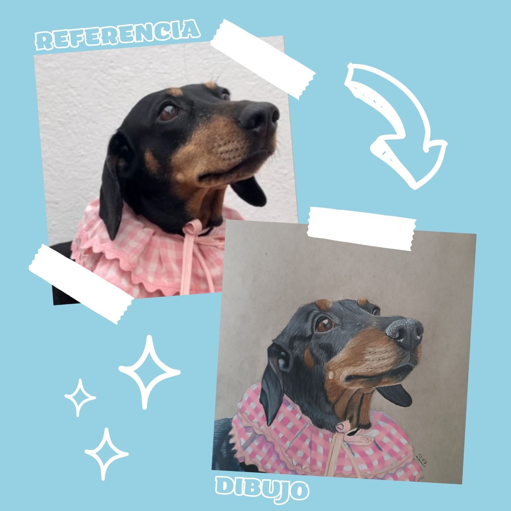 Un perro negro y marrón con un collar rosa está al lado de un dibujo del mismo perro.