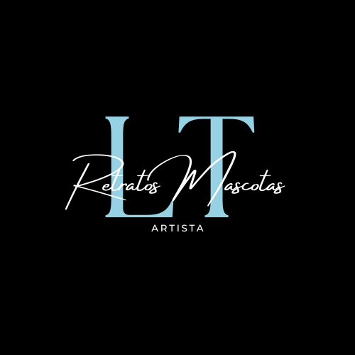 El logotipo de Retratos mascotas artista es azul y blanco sobre fondo negro.