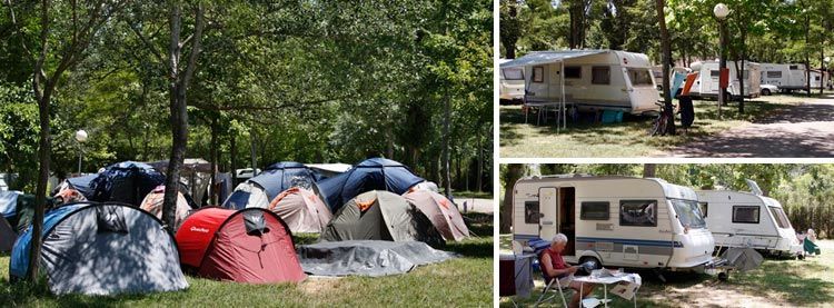 Un collage de tres fotografías de tiendas de campaña y remolques en un parque.