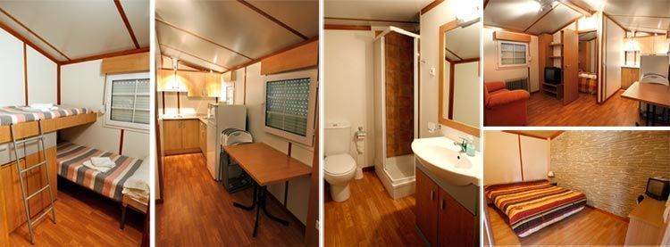 Un collage de cuatro fotografías de un dormitorio y un baño.