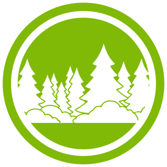Un círculo verde con una silueta de árboles en él.