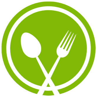 Una cuchara y un tenedor están cruzados en un círculo verde.