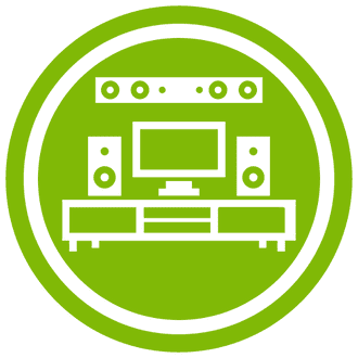 Un círculo verde con un televisor, altavoces y una barra de sonido dentro.