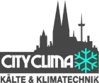 CITYCLIMA-Logo mit schwarzer Skyline und t&uuml;rkisfarbener Schneeflocke, darunter der Text &bdquo;K&Auml;LTE & KLIMATECHNIK&ldquo;.