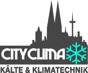 CITYCLIMA-Logo mit schwarzer Skyline und türkisfarbener Schneeflocke, darunter der Text „KÄLTE & KLIMATECHNIK“.