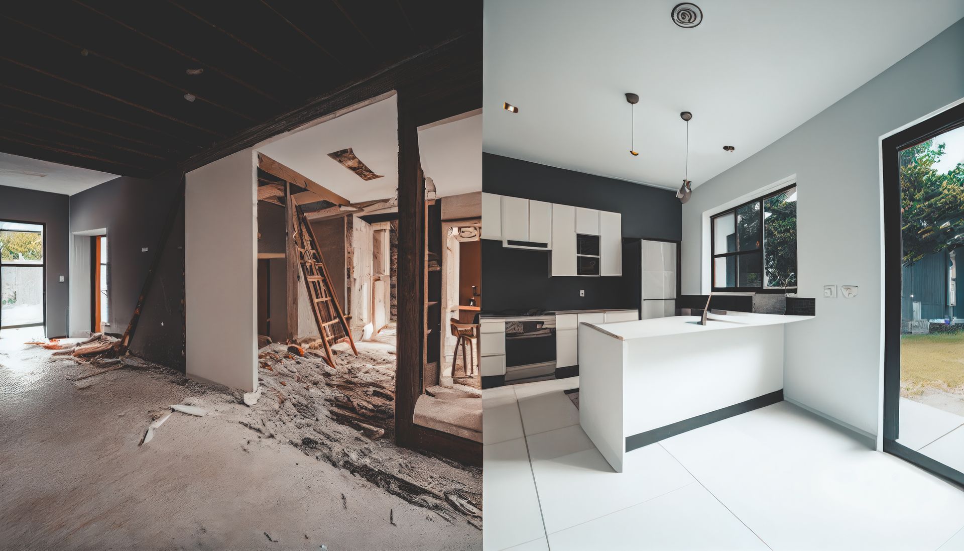 Comparaison en écran partagé montrant une cuisine en cours de construction et le résultat final, un design moderne blanc et noir.