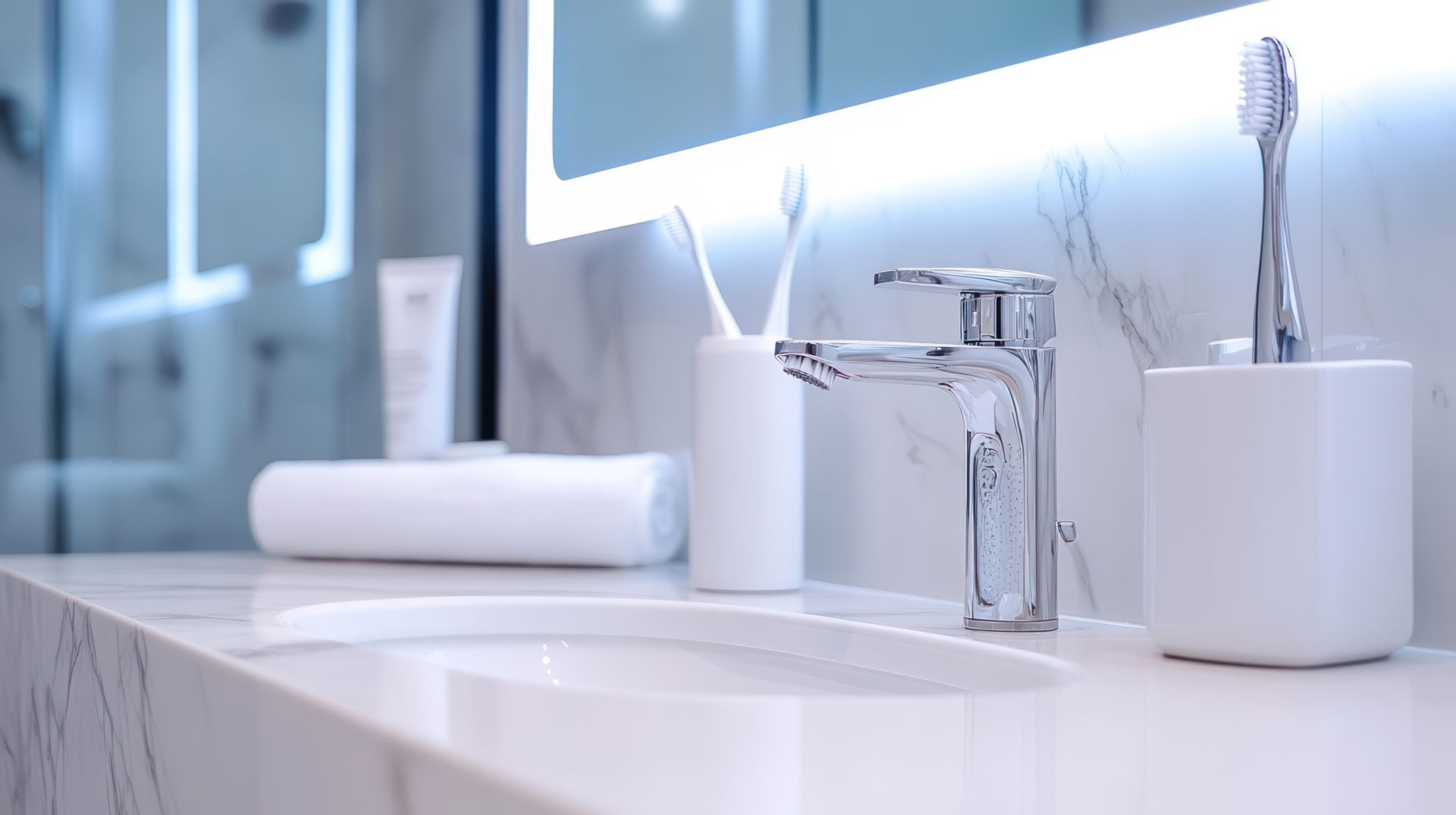 Rebord de vasque de lavabo marbré et miroir lumineux