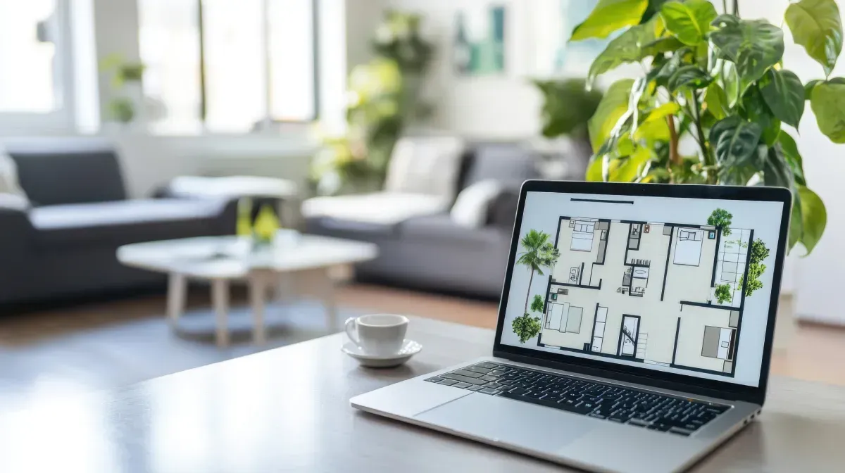 Computadora portátil que muestra el plano de una casa sobre un escritorio en una sala de estar luminosa.